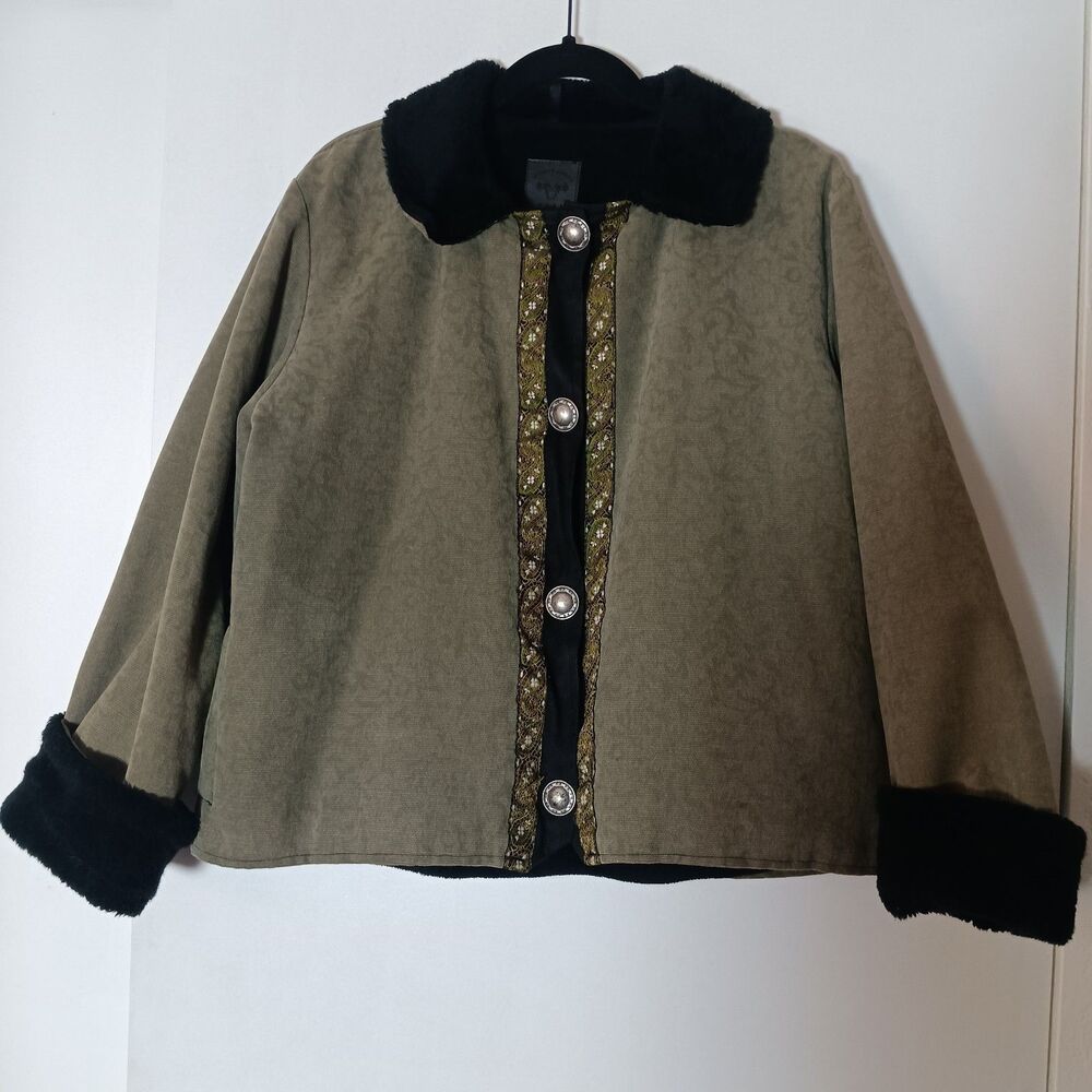 Vtg 90 Whimsigoth Jacket Women L Boho Cozy Chic Embroidered Paisley Sage Rustic